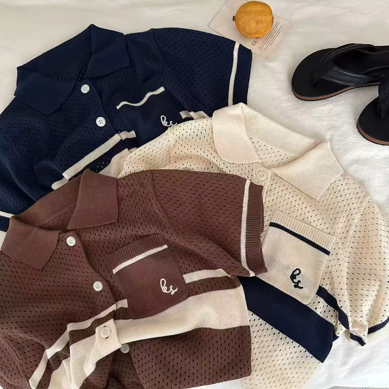 Summer knitted silk sweater for men and women, with short sleeve, western style, polo collar