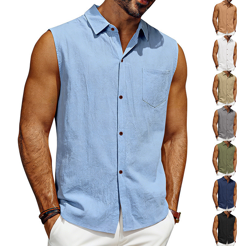 Cross-Border European and American Men's New Linen Sleeveless Collared Shirt, Cotton-Linen Breathable Polo Shirt, Wholesale in Stock