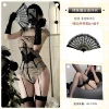 Hot girl lace jumpsuit + black straps and black silk + fan