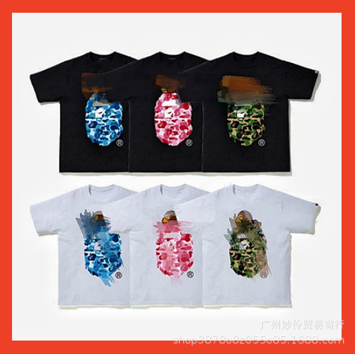 Foreign Trade Cross-Border Wholesale In-Stock Trendy Brand Camouflage Shark Tiger Head Ape Color-Blocking Luminous Short-Sleeve Couple Loose T-Shirt Foreign Trade Cross-Border Wholesale In-Stock Trendy Brand Camouflage Shark Tiger Head Ape Color-Blocking Luminous Short-Sleeve Couple Loose T-Shirt