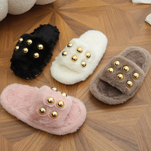 欧美家居秋冬新款平底珍珠儿童毛毛拖鞋女童一字外贸糖果色棉拖鞋