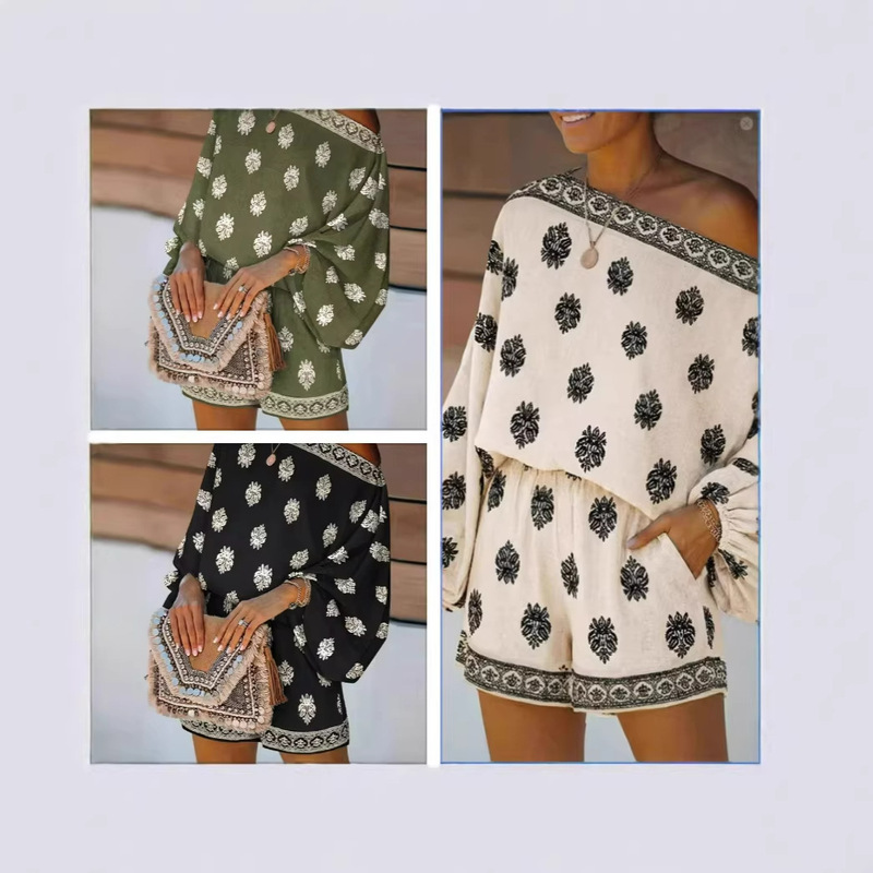 2026 New Foreign Trade Bohemian Style Cross-Collar Lantern Sleeve Printed Jumpsuit