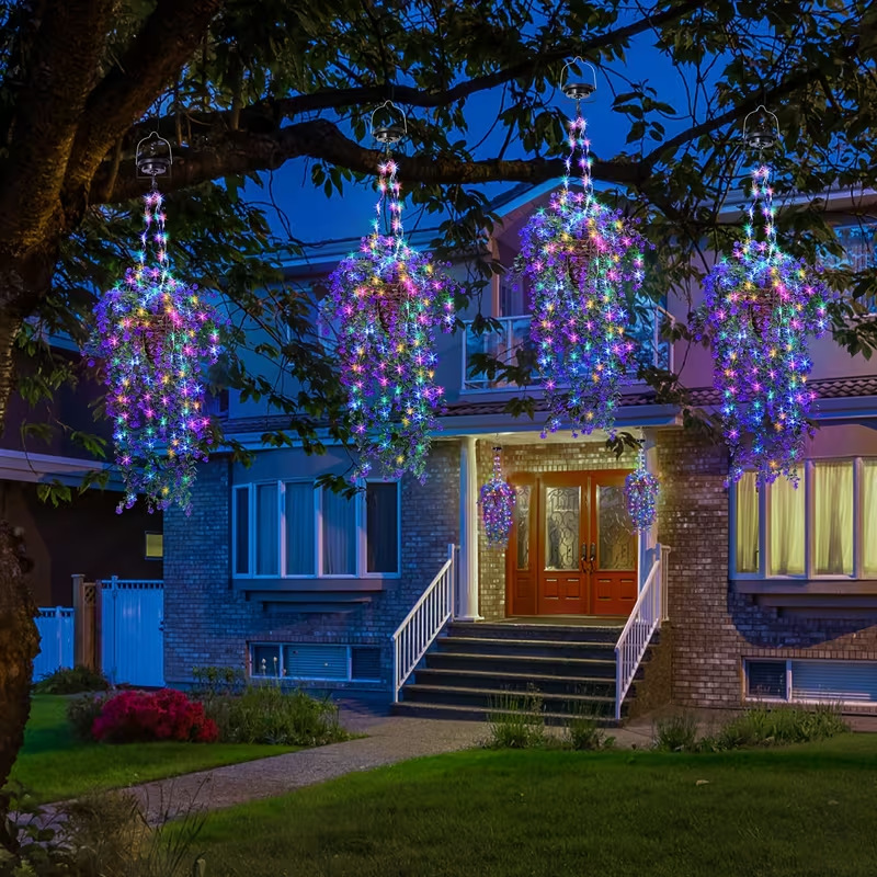 Solar-powered hanging flower basket lights with artificial purple flowers, outdoor LED string lights, fairy lights for garden and courtyard Solar-powered hanging flower basket lights with artificial purple flowers, outdoor LED string lights, fairy lights for garden and courtyard