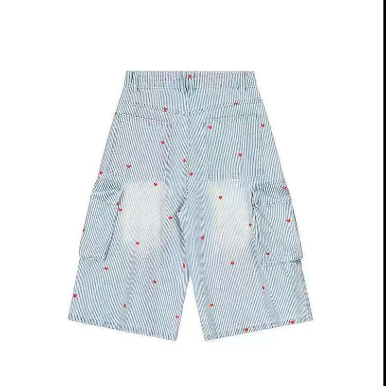 Striped Heart Print Jeans for Men and Women 2025 Summer New Loose Bf Korean Retro High Street Cropped Pants Trendy Striped Heart Print Jeans for Men and Women 2025 Summer New Loose Bf Korean Retro High Street Cropped Pants Trendy