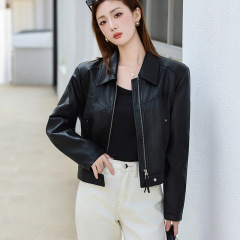 单色短款皮衣外套女秋装新款小个子美式复古机车免洗金属丝夹克