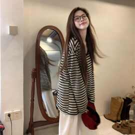 美式复古撞色条纹防晒罩衫t恤女棉夏季宽松休闲慵懒松弛感上衣薄
