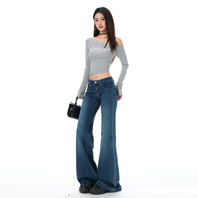 复古蓝低腰微喇叭牛仔裤女2025年秋季新款弹力直筒不贴腿喇叭裤子|undefined