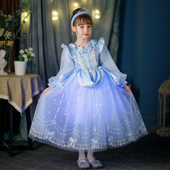 冰雪奇緣2023秋新款連衣裙女童愛莎公主萬聖生日發光裙子日常兩色