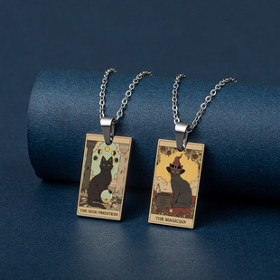 TAROT Tarot Waite Grand Arcana Vintage Oil Painting UV Color Printing Cat Stainless Steel Necklace Pendant