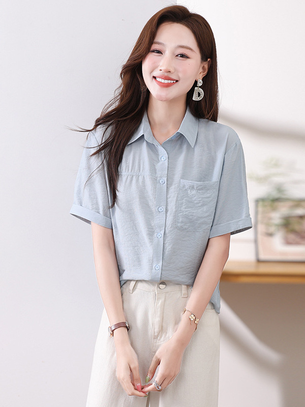 Short-Sleeved Shirt for Women, Summer Thin Style, Small Lapel, Drapey Shirt, Stylish Design, Workwear Fashion, Casual Top