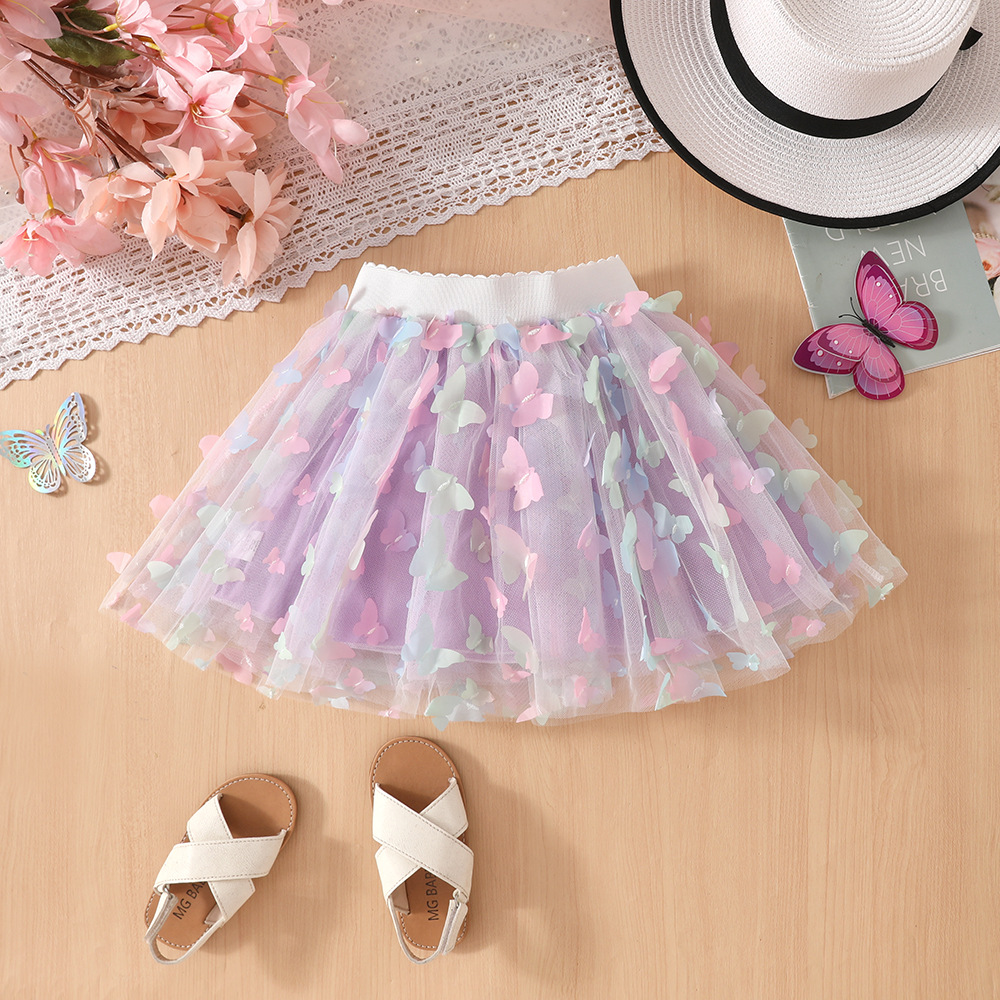Ropa infantil al por mayor niñas coloridas mariposa tridimensional falda corta de verano falda de princesa de cuatro estaciones y media falda