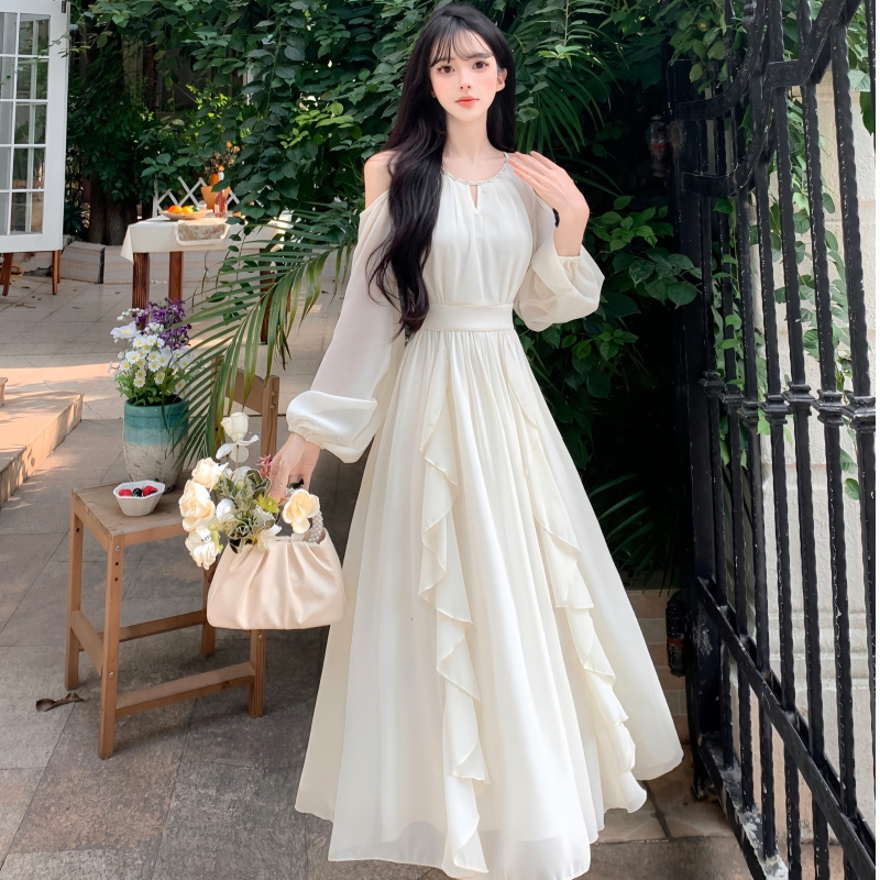 French Style Gentle White dress Fairy Feeling Elegant Seaside Holiday Ruffled Long Sleeve Dress
