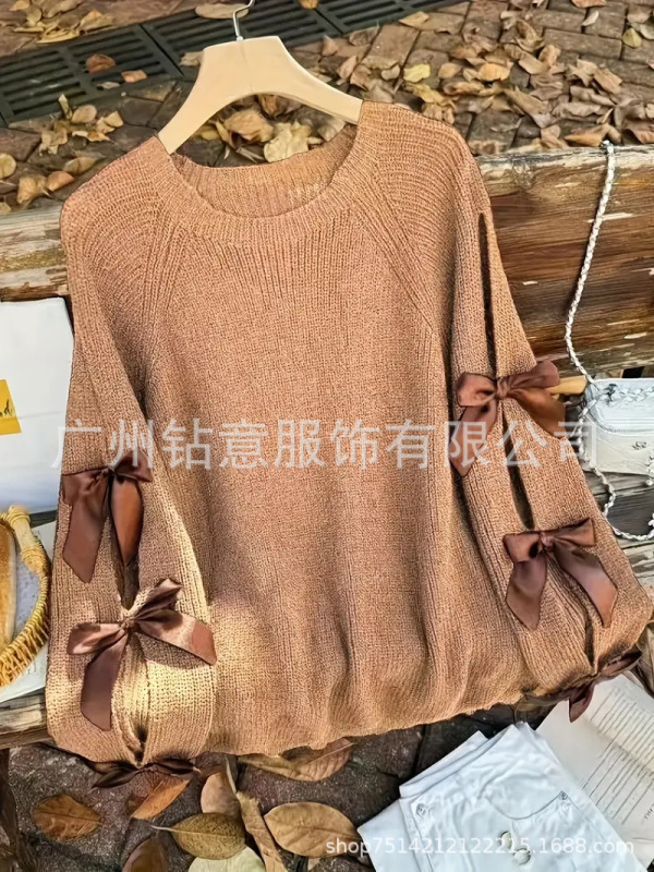 欧美跨境外贸新款女士优雅蝴蝶结装饰毛衣圆领长袖宽松套头衫|undefined