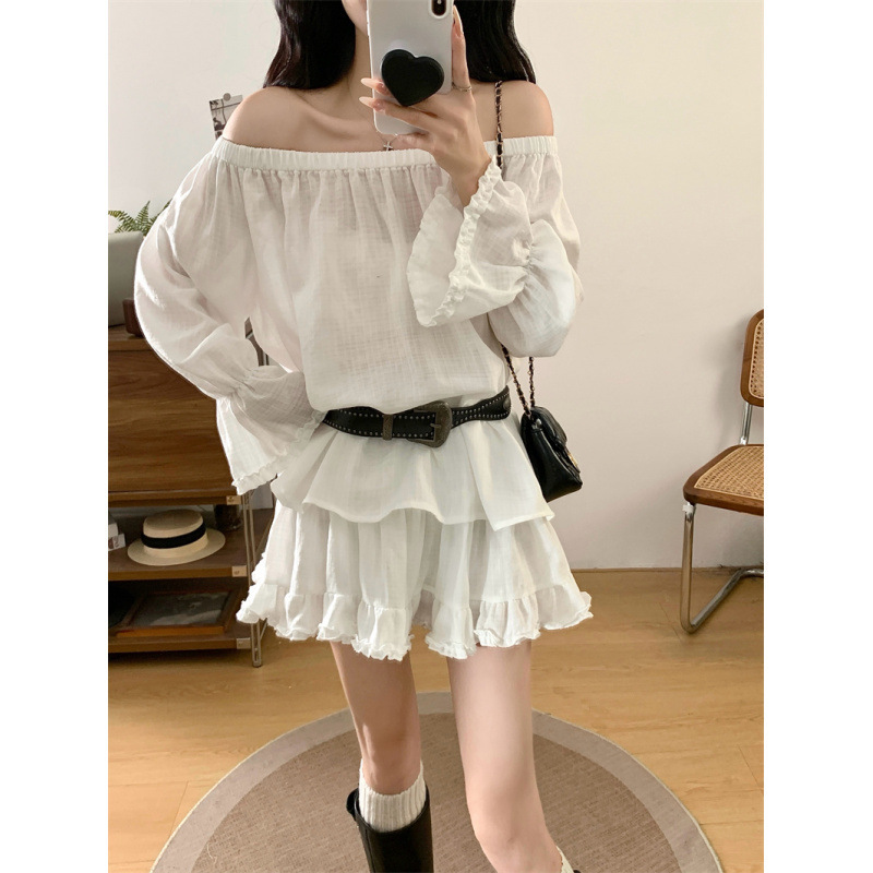 大码胖mm韩系设计感收腰显瘦一字肩长袖衬衫女蓬蓬半身短裙两件套|undefined