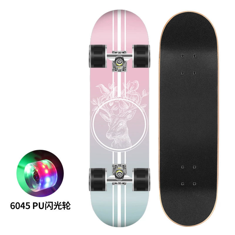 Polyurethane flash skateboard, 80×20 cm, double-kick deck, 6045 PU wheels, 300 lb load
