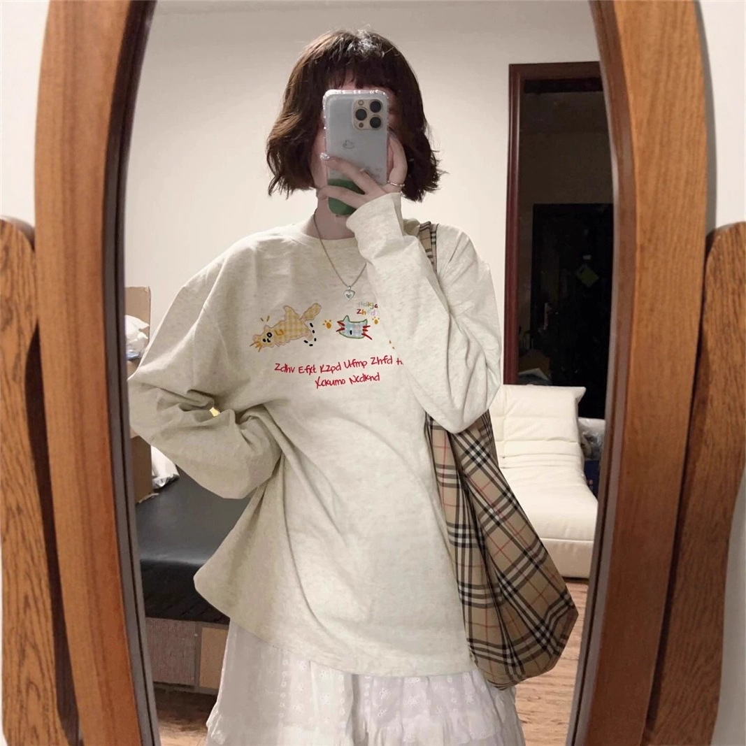 美式猫咪印花纯棉长袖t恤内搭女春秋爆款大码200斤宽松打底上衣潮