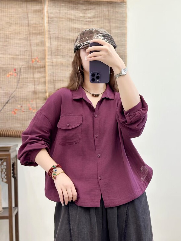气质简约棉纱衬衫女短款2025秋新款宽松百搭休闲时尚百搭上衣7715|undefined