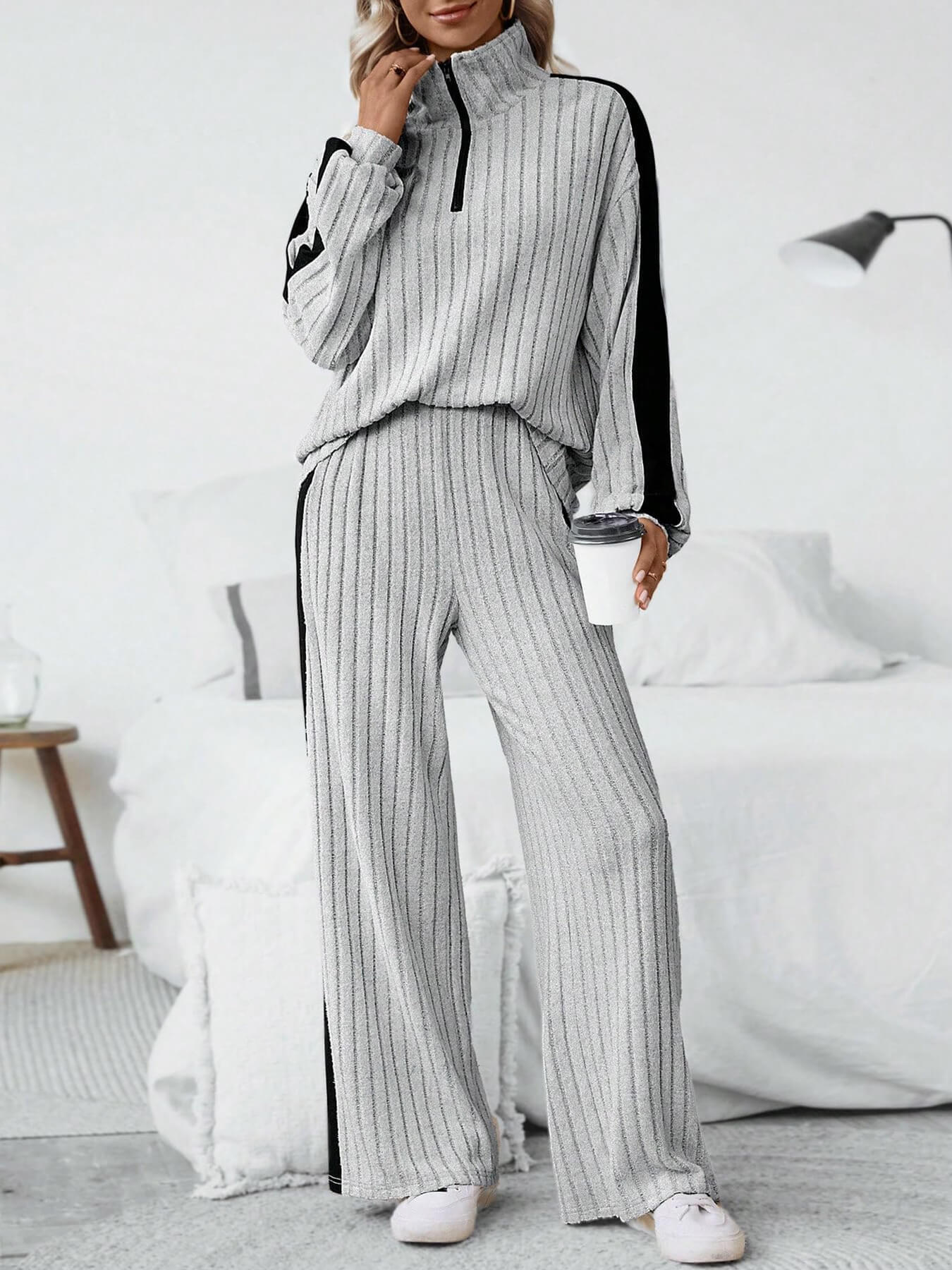 Women's Clothing large size casual suits for women autumn new high end design sweater wide leg pants two piece suit_voghion.com