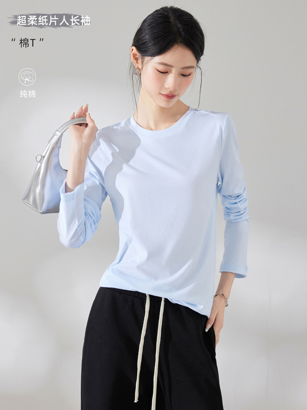 Super soft "Paper Man" 100% cotton thin long-sleeve T-shirt for women, macaron color series, versatile loose-fit base shirt for women