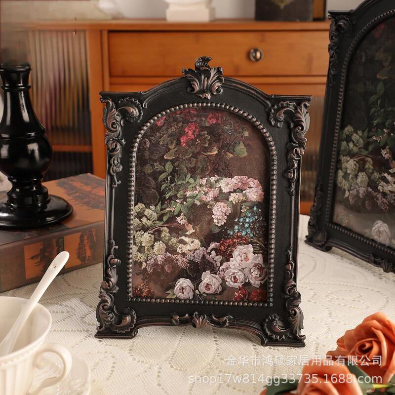 5X 7inch Retro Photo Frame, Antique Arched Black Glass Picture Frame, Elegant Carved Design Framed Frame