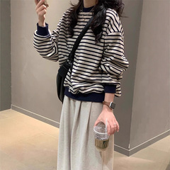 复古港味条纹卫衣女春秋2025新款爆款宽松慵懒风毛衣外套潮A7013
