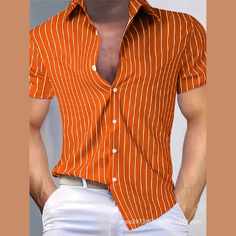 2024 European and American Men's Shirts Summer Lapel Short-Sleeve Button-Down Men's Striped Shirt Men's Pod Custom-Made