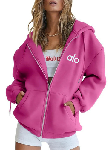 Alo Ladies Personality Printed Zip-Up Hooded Sweatshirt Loose Casual Long-Sleeve Hooded Sweatshirt Personality Sports Top