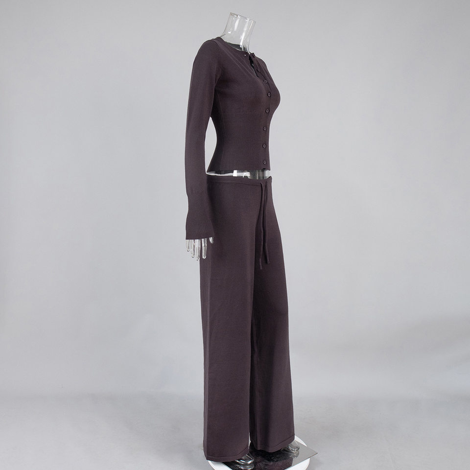Bộ cardigan dệt kim nữ tay dài dáng ôm kèm quần dài cạp thấp — Màu xanh hải quân, màu sô cô la, màu xám đậm, quả mơ chi tiết 4
