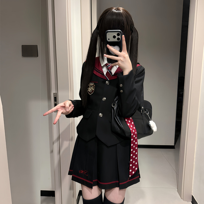 [Star Magic] Autumn Yuyu Original JK Suit Set, Preppy Style, Women's Long-Sleeve Black Blazer and Pleated Skirt