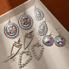 跨境夸张彩色镶钻松石耳环高级感复古时尚几何耳坠波西米亚风耳饰