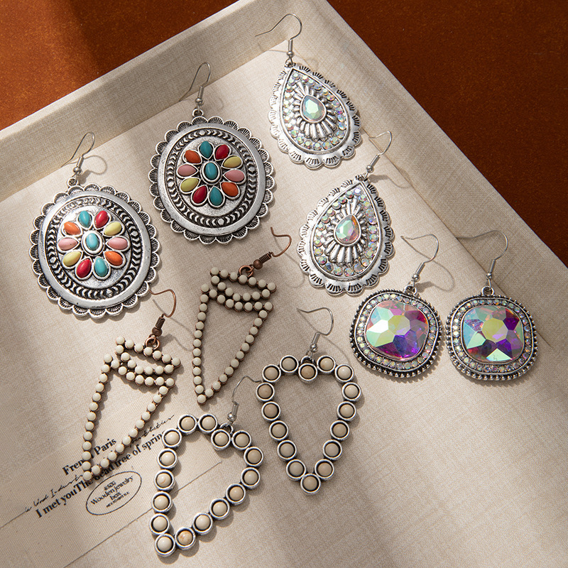 跨境夸张彩色镶钻松石耳环高级感复古时尚几何耳坠波西米亚风耳饰