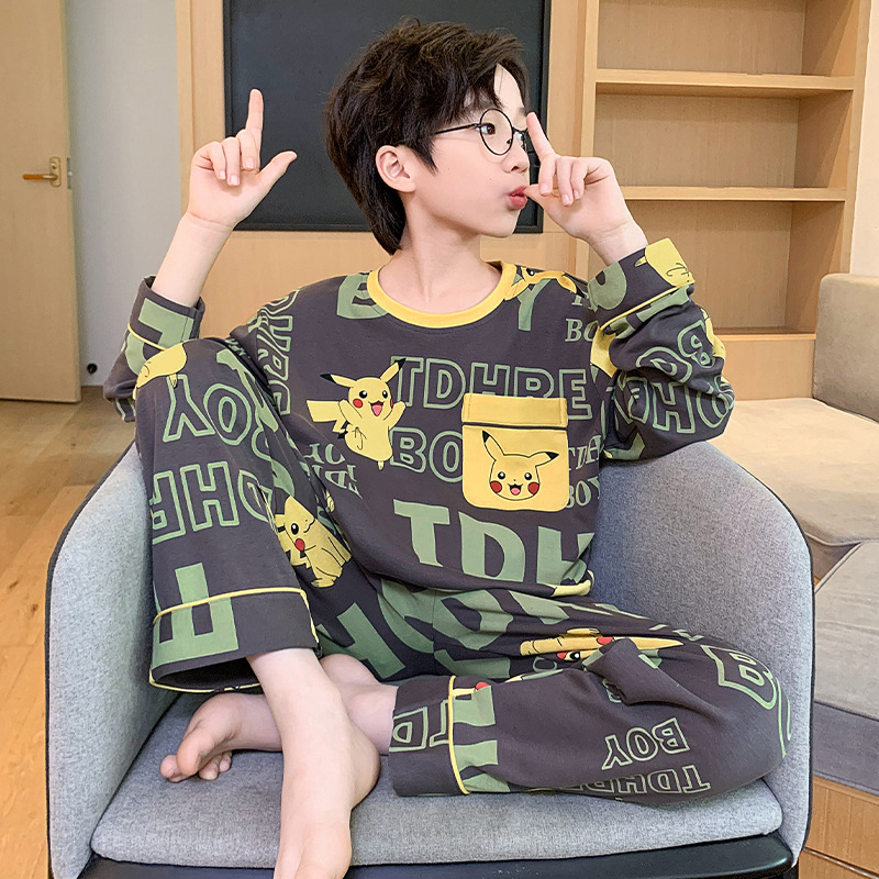 어린이 잠옷 십대 소년 순면 봄과 가을 큰 소년 집 옷 봄 2024 새로운 긴 소매 세트