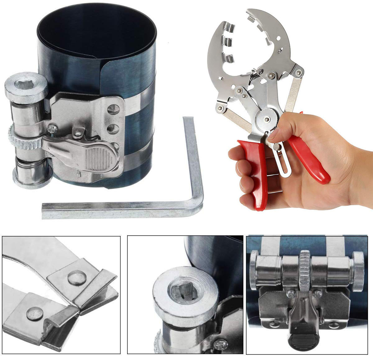 Car piston ring disassembly and compression tool, expansion caliper, engine carbon buildup cleaning scraper, auto repair and maintenance tool set