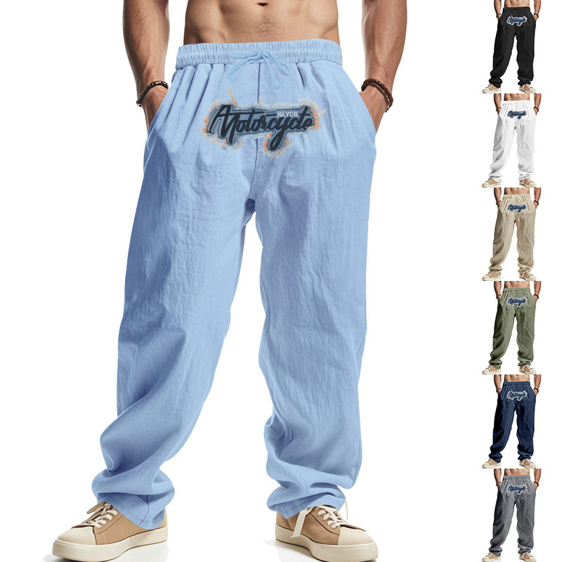 American-style Cross-border Men's Linen Loose Wide-leg Hip-hop High Street Fashionable Washed Embroidered Jogging Casual Sports Trousers