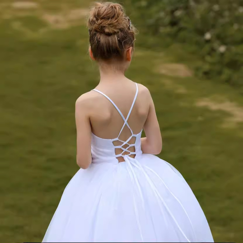 Nuevo vestido de boda infantil europeo y americano de verano transfronterizo de chicas de encaje de cabina de vuelta descubierta vestido de princesa