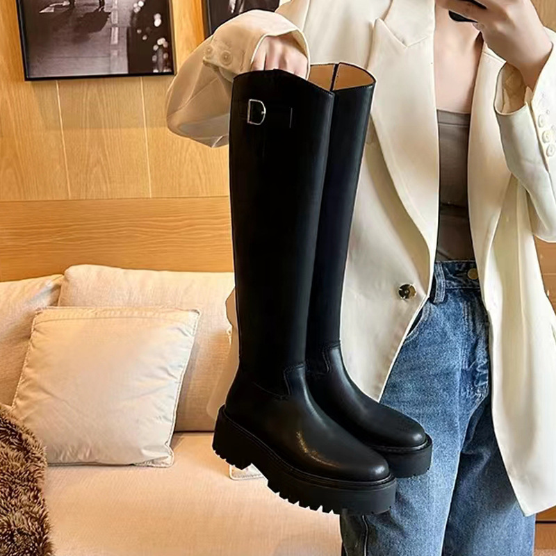 Uva mamá 2023 Otoño e Invierno Nuevo tacón grueso de suela gruesa pequeñas botas altas cremallera lateral botas de montar a la rodilla para las mujeres