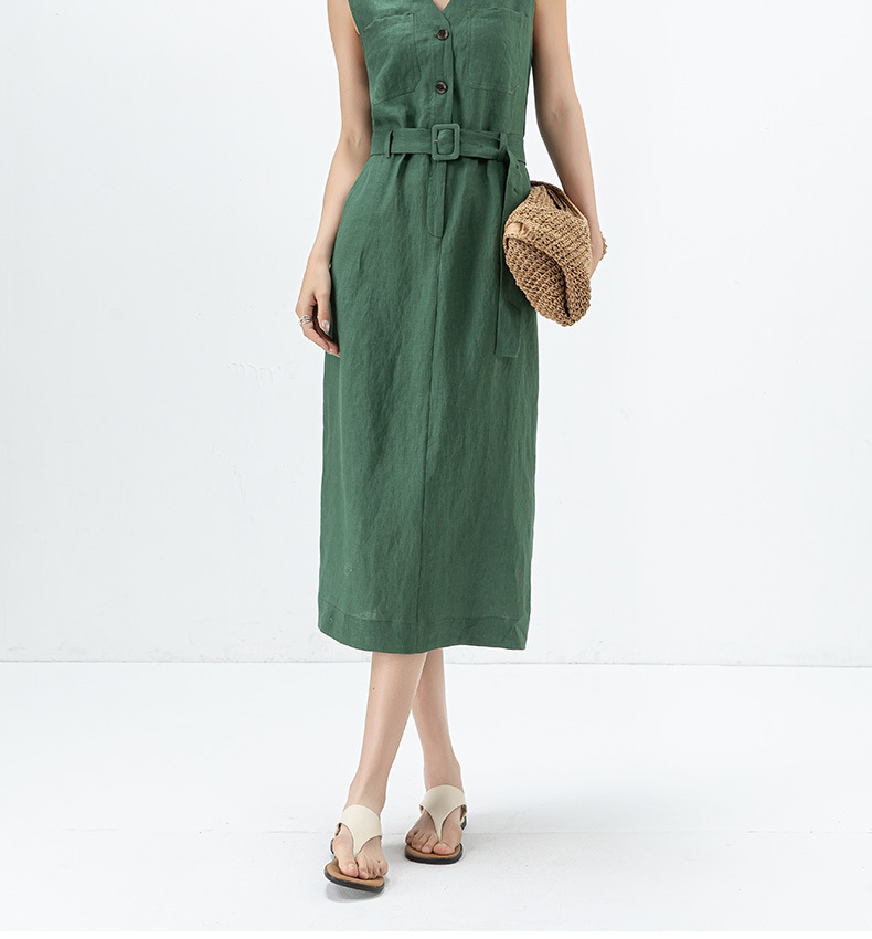 Đầm maxi nữ thắt eo cổ chữ V vải lanh kiểu Pháp — Màu đen chi tiết 2