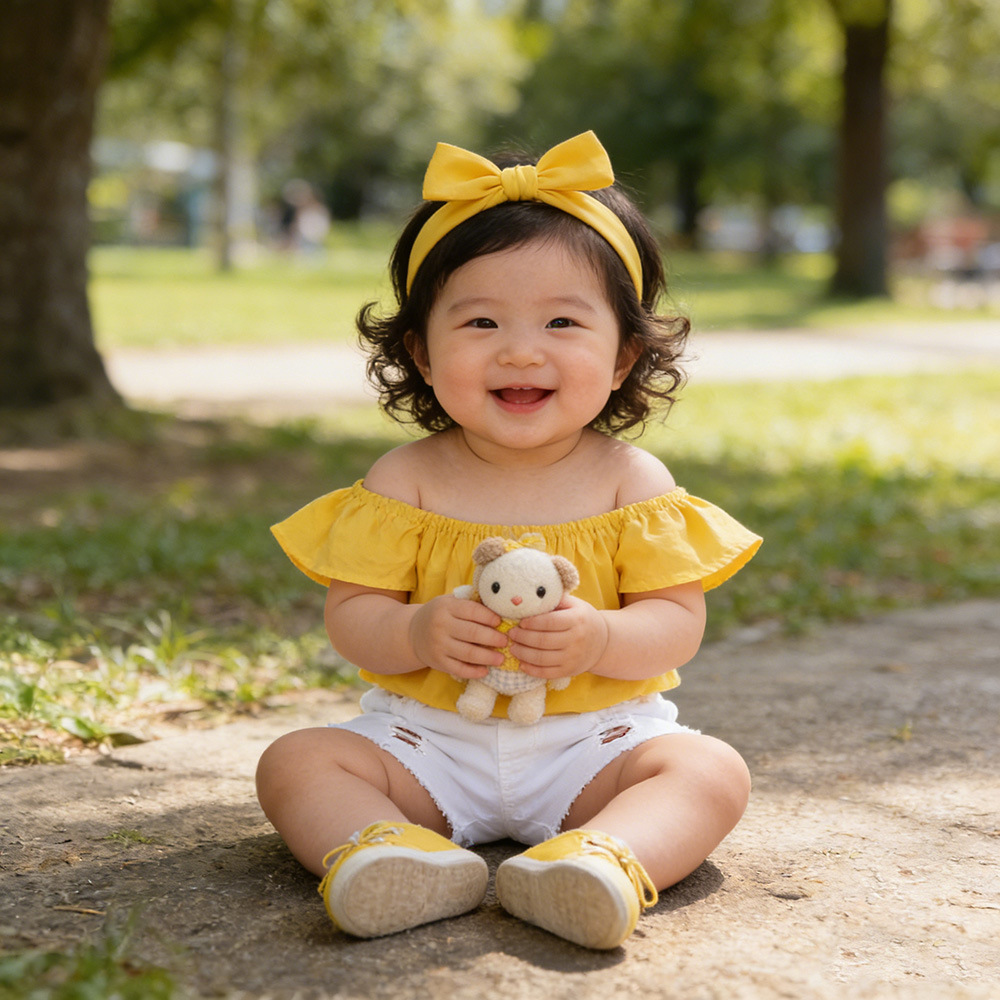 Summer New European and American Style Children's Set: Ins Girls' Yellow Off-Shoulder Tube Top + Denim Shorts, Available for Wholesale