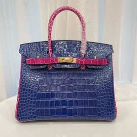 新款铂金30鳄鱼纹拼色头层牛皮全对版无肩带高版本手提女包