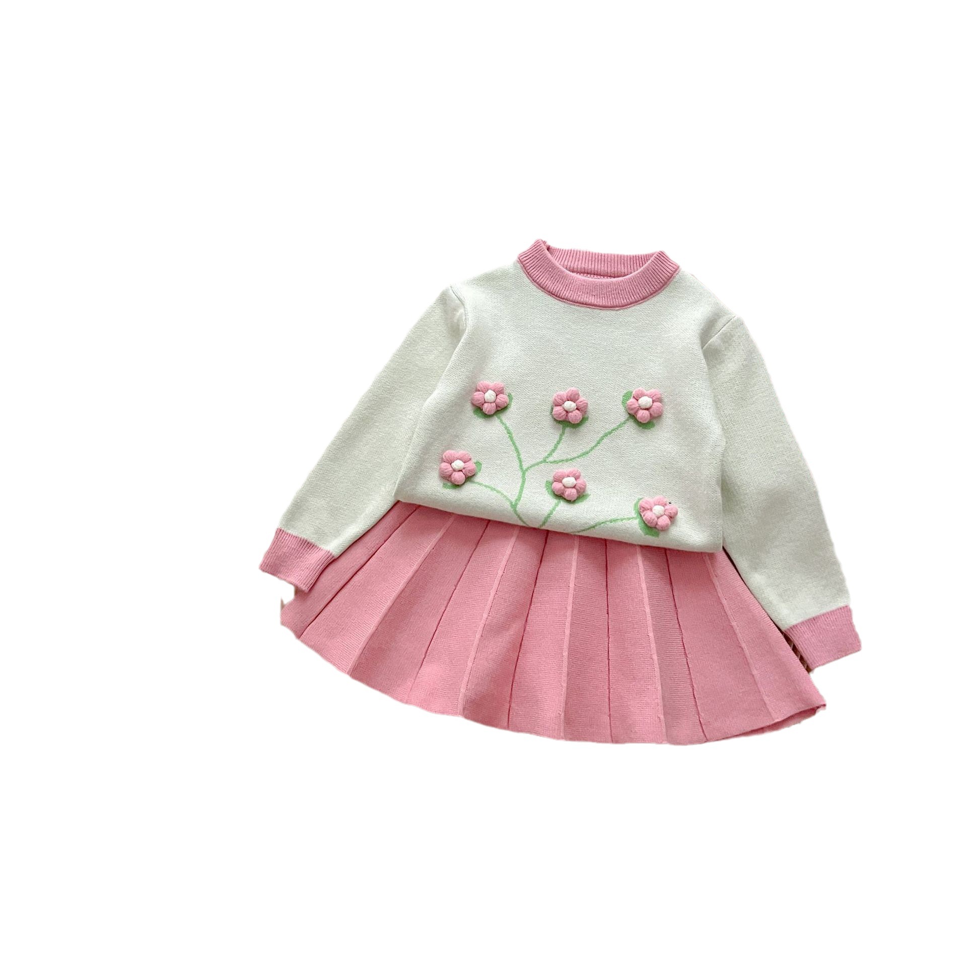 JINYONG Filles Exquis Petite Fleur Pull Haut Tricoté Fil Jupe Plissée Ensemble Automne/Hiver Style Occidental Femme_voghion.com