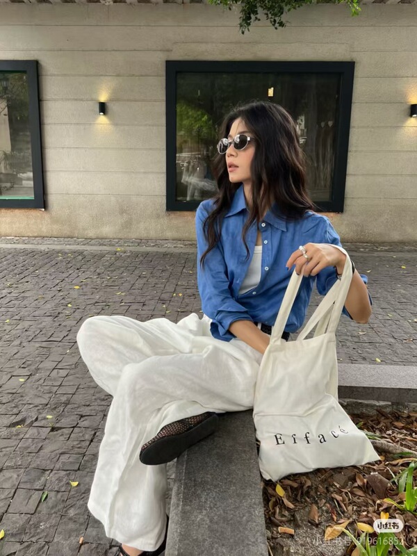 Cotton Blue Shirt for Women, Autumn 2026 New Design, Niche Style, Mid-Length Loose Top for Women