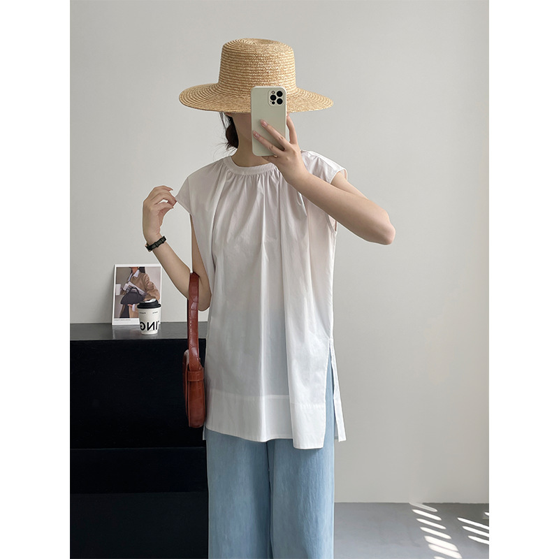 Taochuan Relaxed Fit ~ Round Neck Sleeveless Plain Shirt for Women, Korean Style Casual Mid-Length Top, 5380 Washed Cotton