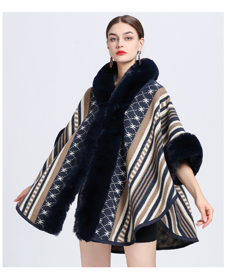 Mantella collo pelliccia grande taglia jacquard cardigan maglione cappotto donna_voghion.com