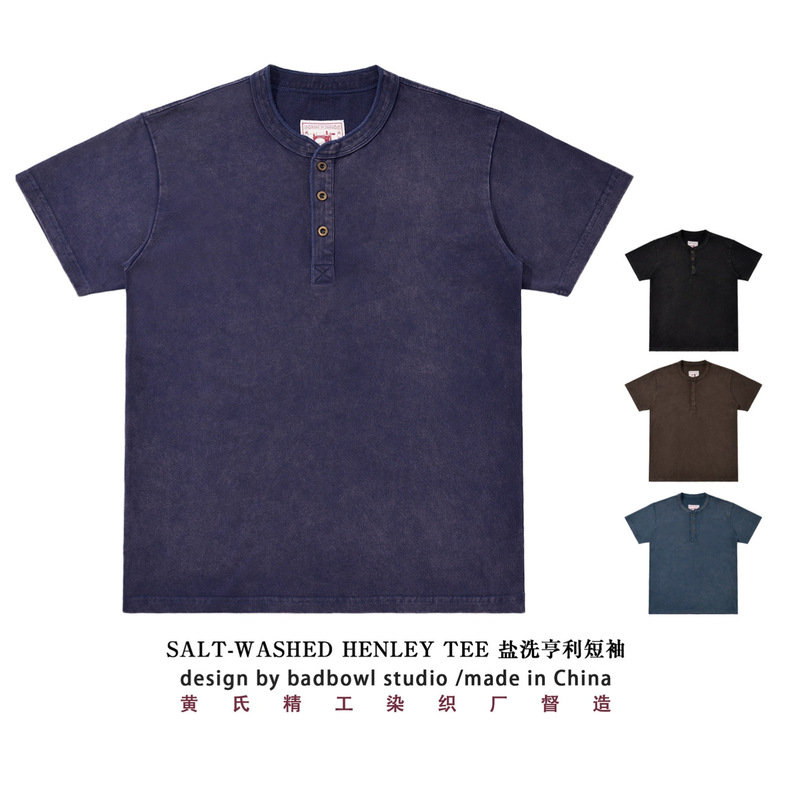 Salt-Washed Vintage Henley Shirt Short-Sleeve T-Shirt for Men, American Retro Heavy Cotton Sweatshirt with Henley Collar as a Base Layer