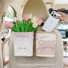 Car seat back storage bucket leather print car-mounted hanging multifunctional storage box cute cartoon car trash bin