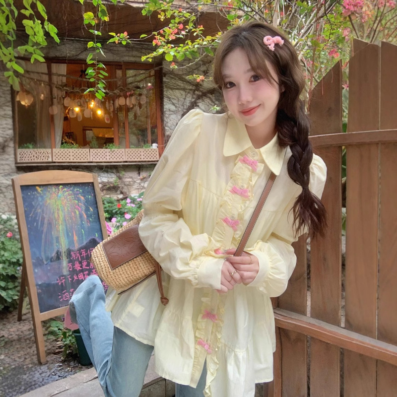 Sweetheart Bow Lace Long Sleeve Shirt Women's Summer 2025 New Retro Puff Sleeve Loose Polo Collar Top