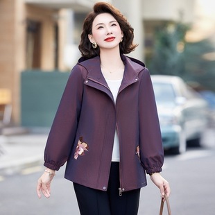 New Spring Embroidered Jacket for Middle-aged and Elderly Mothers Plus Fat Loose Top Solid Color Hooded Zipper Top