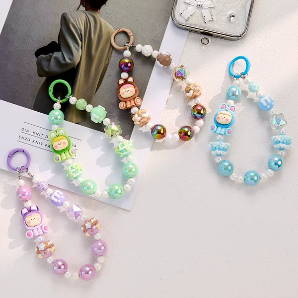 Cute Cartoon Mobile Phone Chain Dopamine Handmade Beaded Little Girl Hanging Keychain Rope Wrist Pendant Bag Pendant
