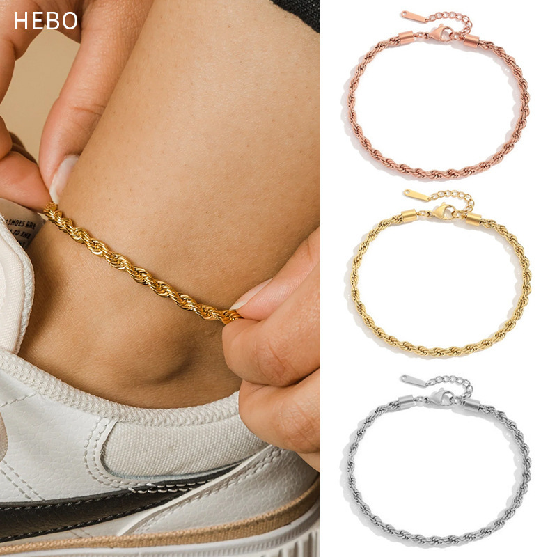 Europe and the United States cross-border hot selling personalized twist anklet anklet 4MM wide stainless steel 14K gold-plated rose gold titanium steel single chain
