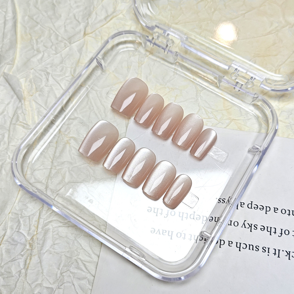10 piezas de uñas postizas de lujo discretas, cálido, rosa nude, corto, uñas de vestir, ojos de gato en forma de escalera, uñas simples image 8